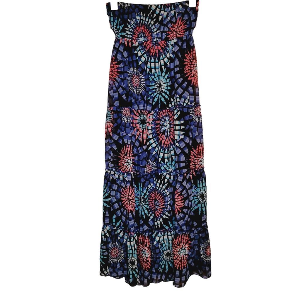 Theme blue geometric mosaic print strapless maxi dress Size Med Artsy Boho - Picture 2 of 7